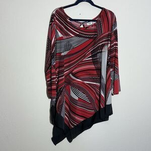 Cato Blouse Womens 26/28W Red Geometric Asymmetrical-Hem‎ Tunic Stretch Knit